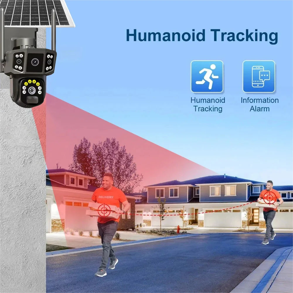 Outdoor solar-powered security camera with pan-tilt rotation, night vision, and remote monitoring for off-grid surveillance.

