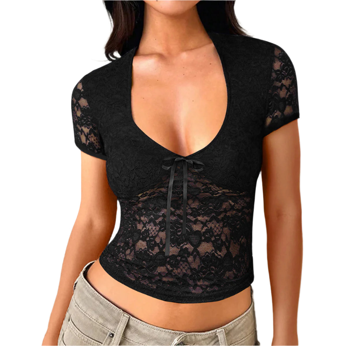 Shop the Deep V See-through Lace Slim Short-sleeved Top for an elegant, feminine look. Featuring delicate lace fabric, slim fit, and a flattering deep V-neck design.

