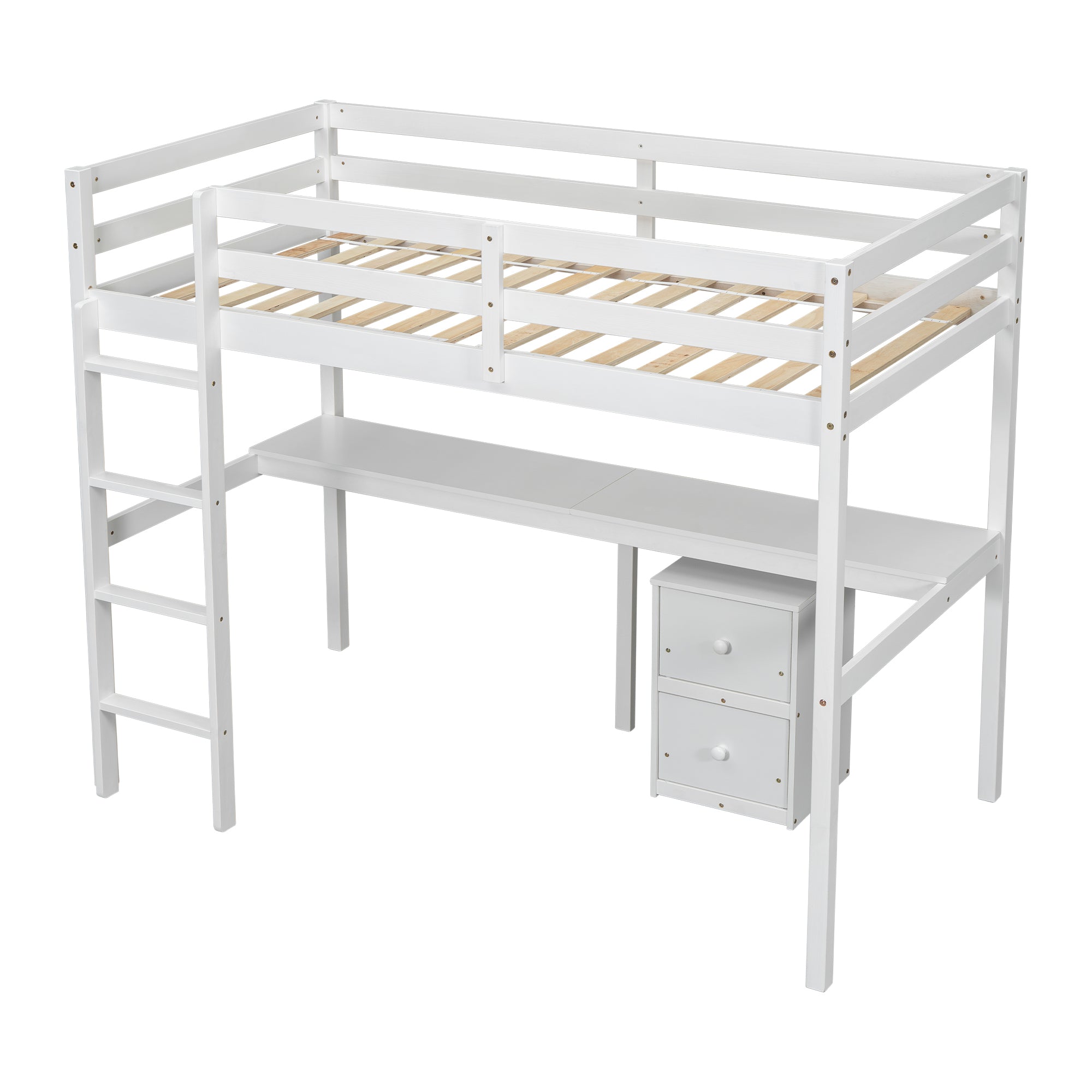Full view of white twin loft bed with built-in desk and drawers underneath

