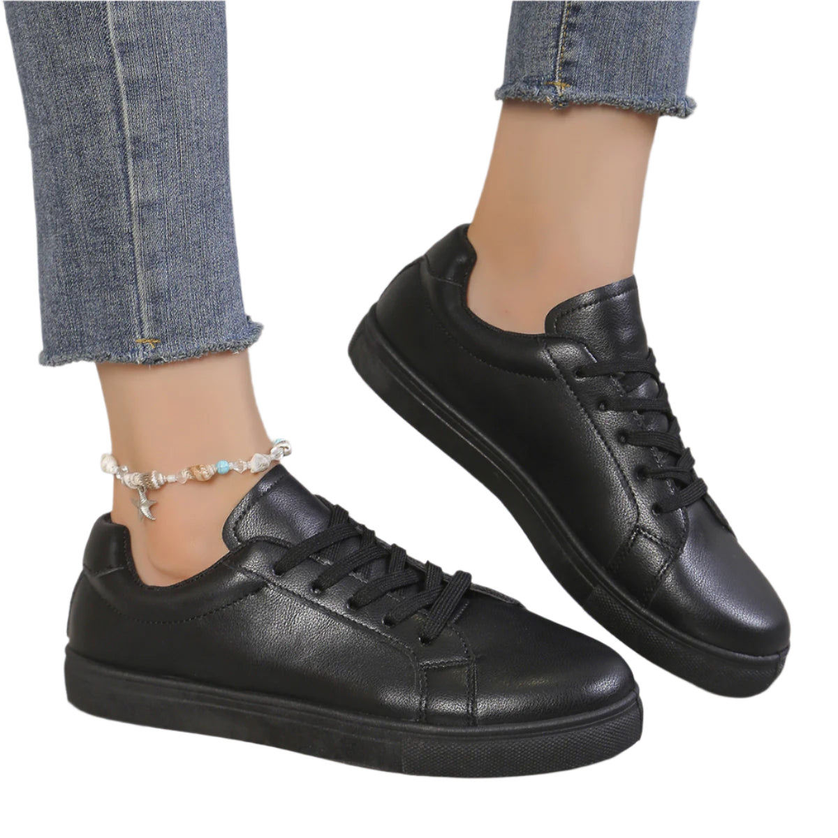Lace-up White Shoes Women's Flat Leather Surface Sneakers for casual and stylish everyday wear.








