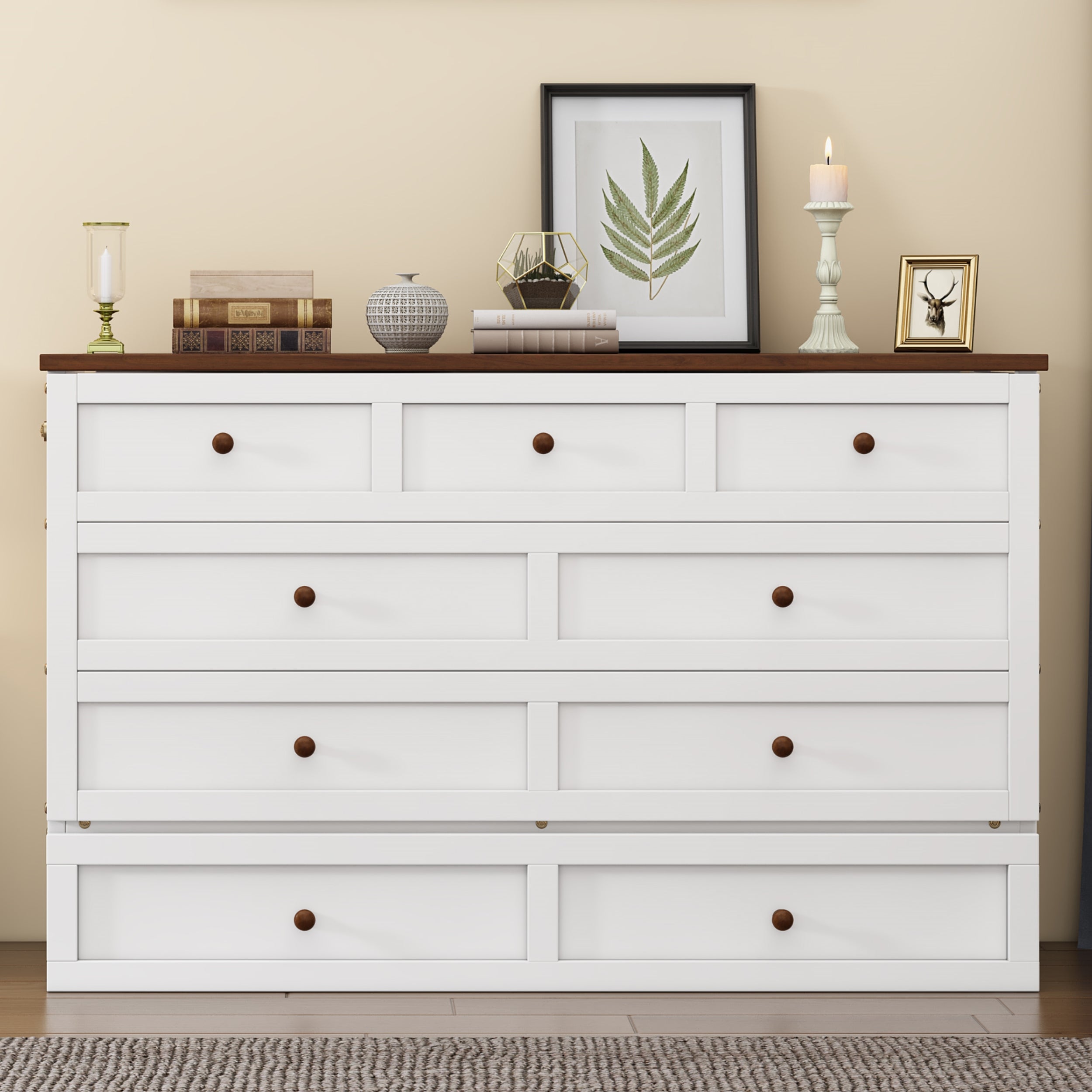 White and walnut queen Murphy bed chest in closed position