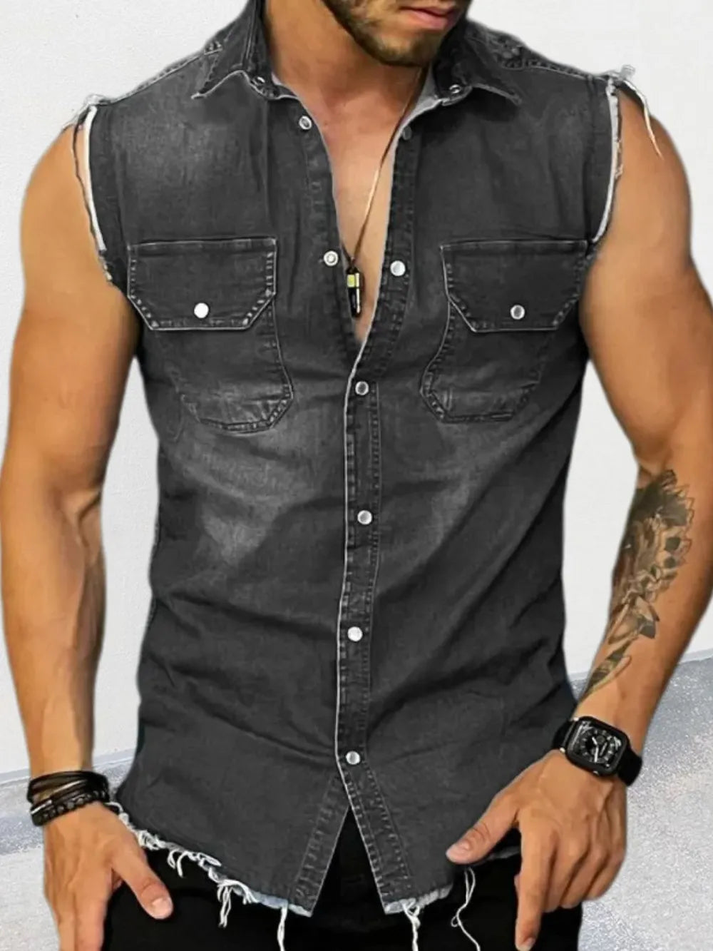 Men's snap button sleeveless denim shirt – Western style casual shirt with chest pockets and frayed armholes.








