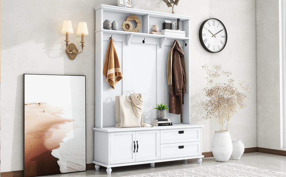 ON-TREND white hall tree with bench, coat hooks, drawers, and cabinet