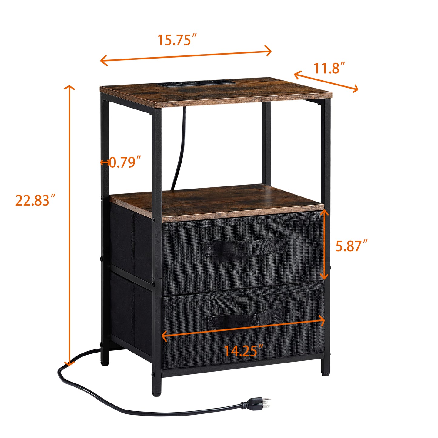 Modern tea table with USB port, outlet, and two drawers, front view

