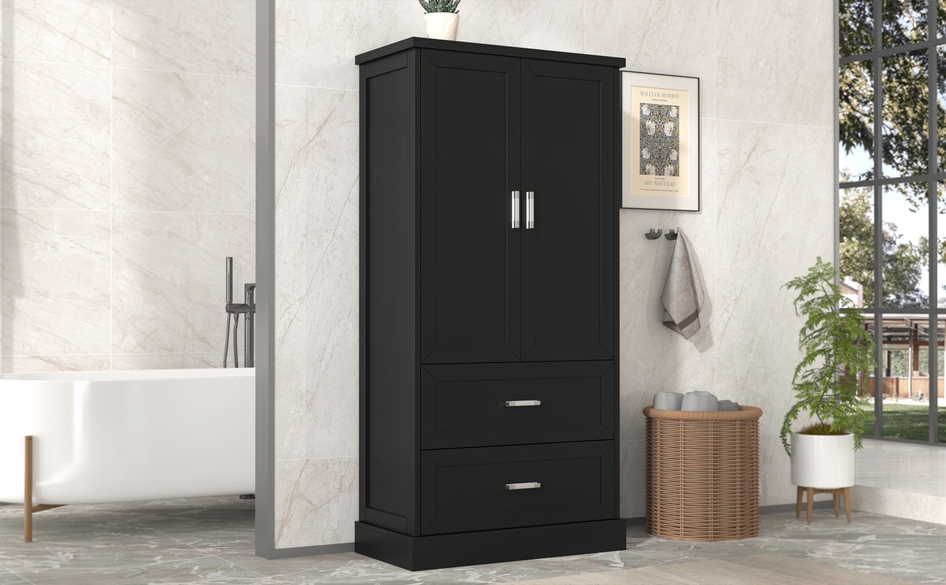 Tall black bathroom storage cabinet with doors and drawers