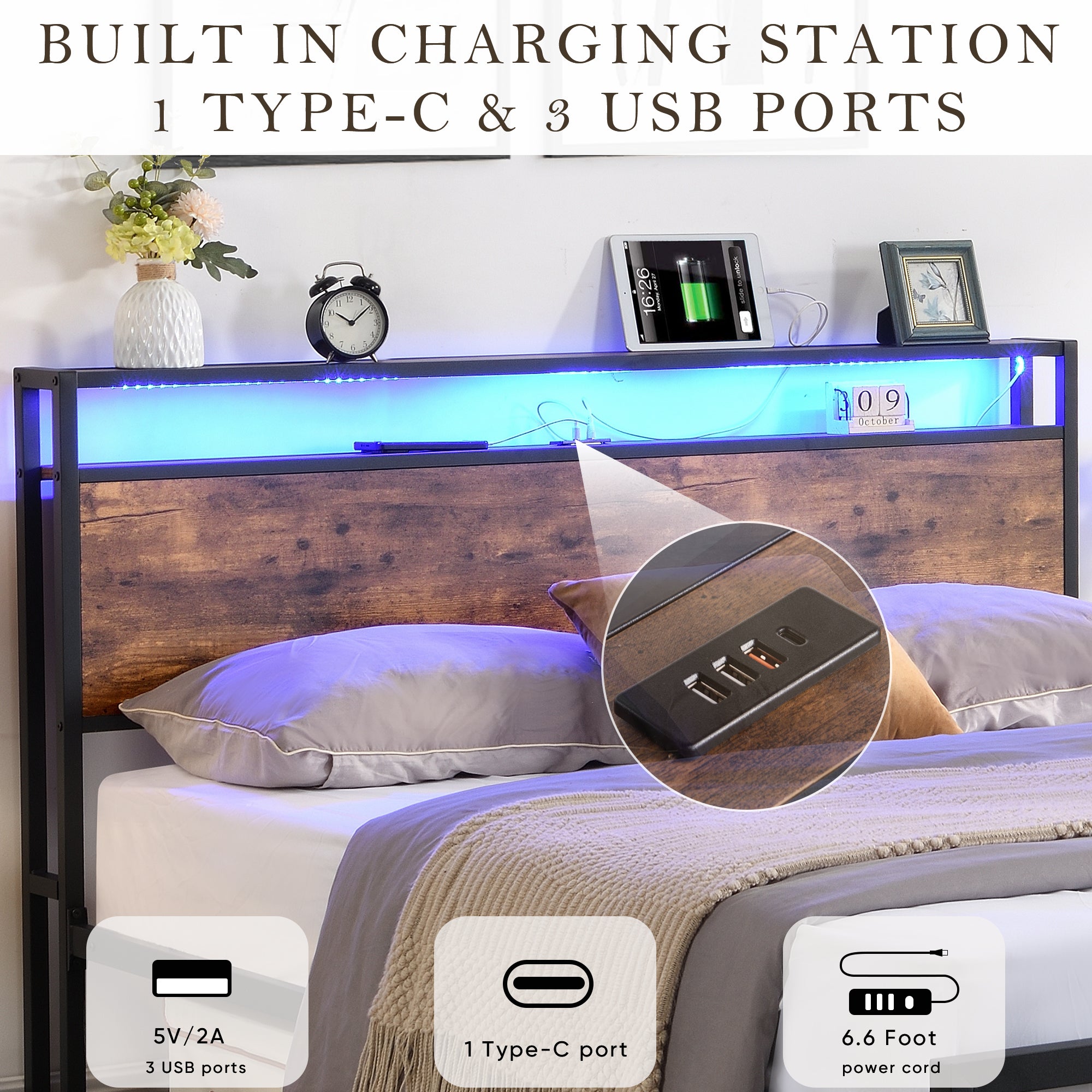 Full-size bed frame with LED headboard, drawers, and charging ports
