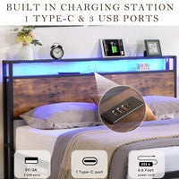Full-size bed frame with LED headboard, drawers, and charging ports