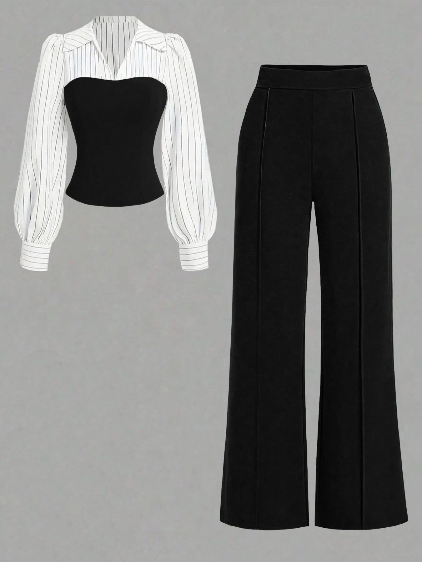 Black strapless top and black wide-leg pants with a white striped shirt on a gray background