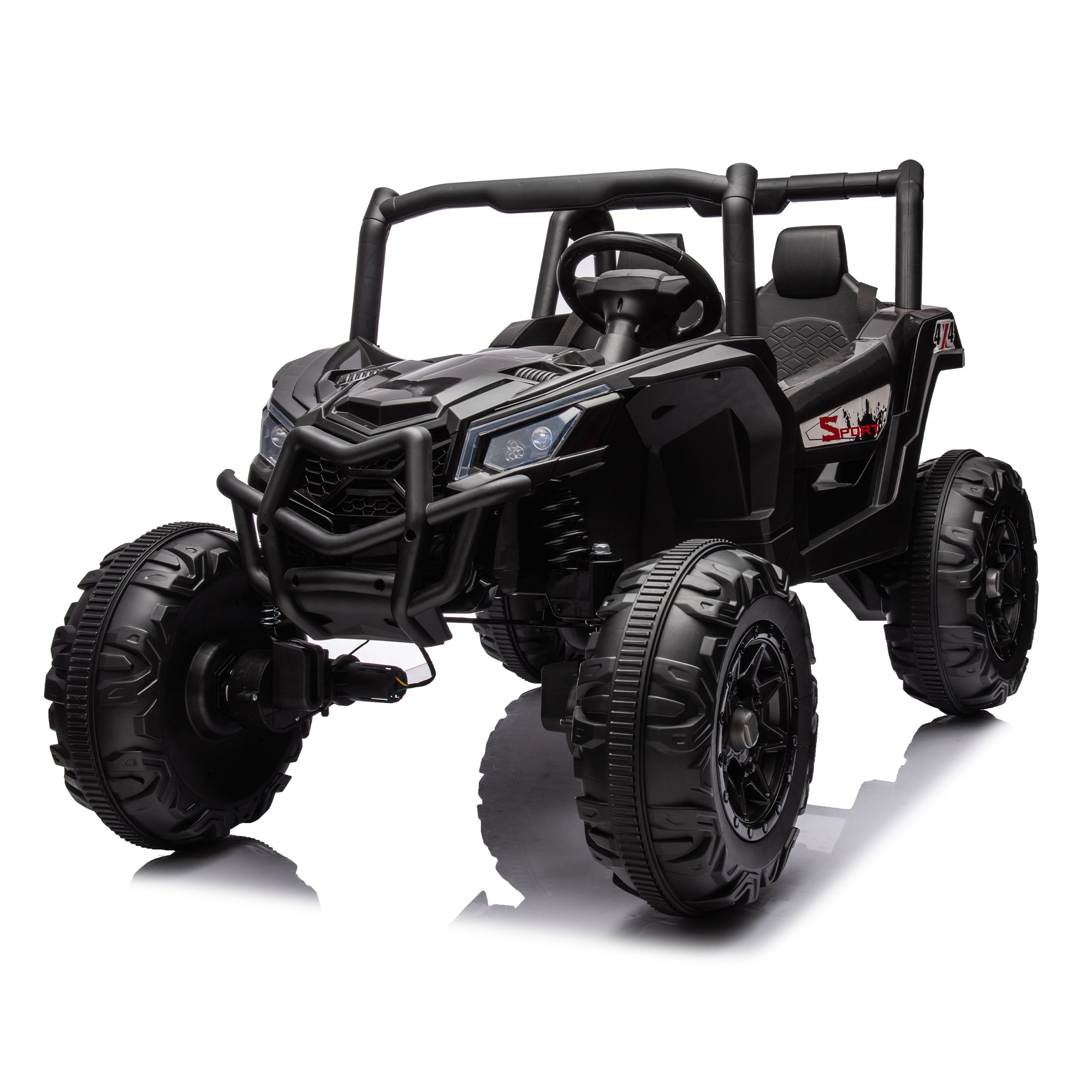 Side by side 4x4 ride-on truck for kids, featuring a durable design with working headlights, adjustable seat, and forward/reverse motion. Equipped with realistic off-road tires and easy-to-use controls, this electric truck provides an exciting outdoor adventure for children ages 3-7