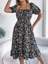 Women's floral print square collar dress with ruffle details, perfect for summer fashion and casual outings.

