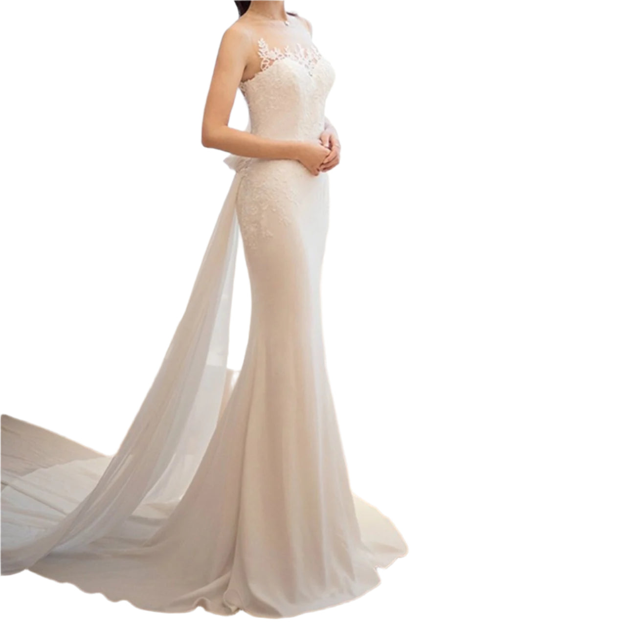 Elegant mid-waist see-through light wedding dress with a dreamy, fairy-like design, featuring delicate lace and a soft flowing silhouette.

