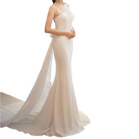 Elegant mid-waist see-through light wedding dress with a dreamy, fairy-like design, featuring delicate lace and a soft flowing silhouette.

