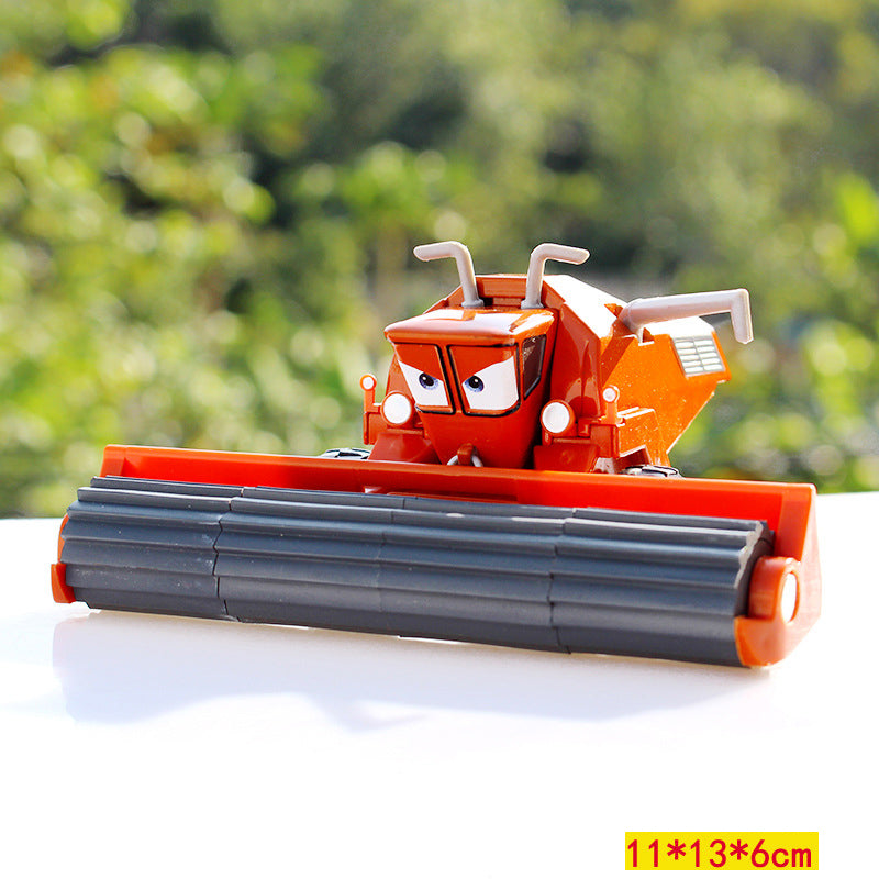 Alloy toy set featuring a racing car, harvester, and an Uncle Cow figure, made of durable metal with detailed paintwork and movable parts, designed for children ages 3 and up