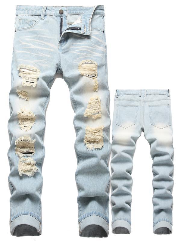 Men's streetwear slim-fit jeans with ripped knees and decorative zippers