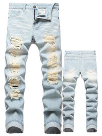 Men's streetwear slim-fit jeans with ripped knees and decorative zippers