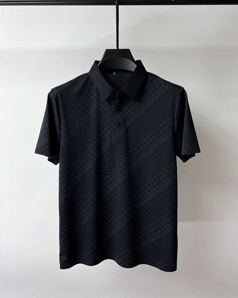 High-end Elegant Ice Silk Short Sleeve Polo Shirt, men's lapel design, plaid pattern, summer comfort.