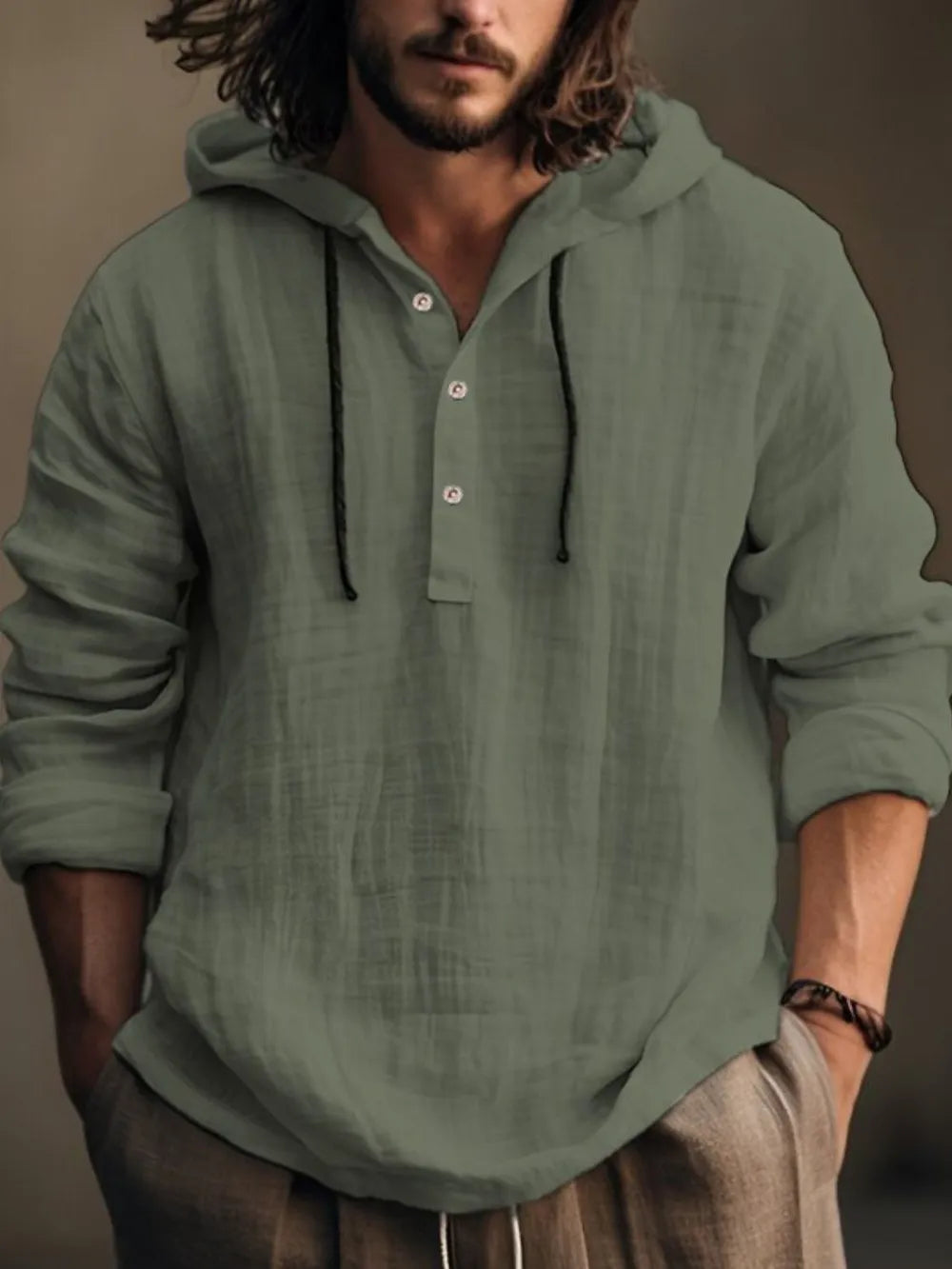 Men’s full size half-button hoodie with long sleeves, front view

