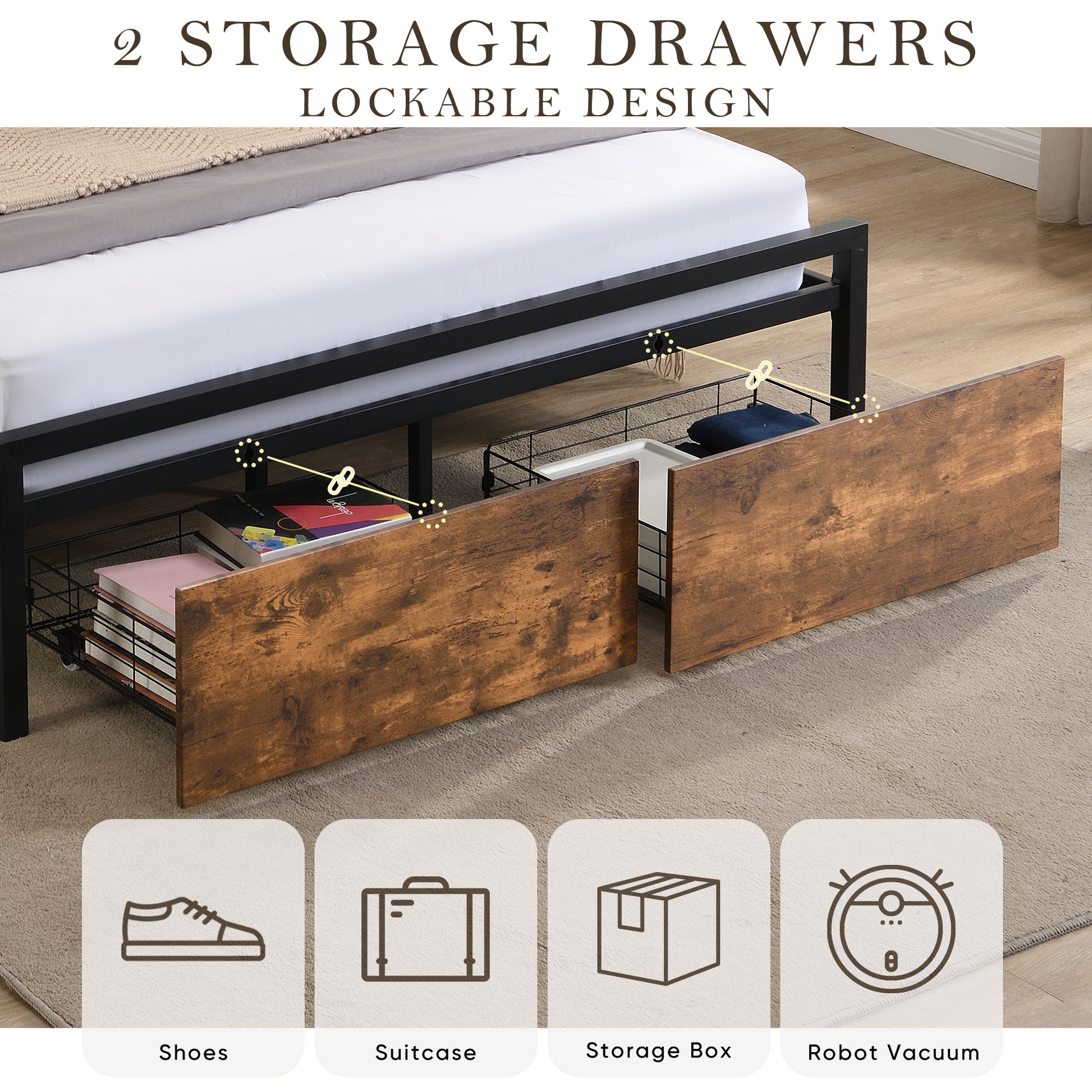 Full-size bed frame with LED headboard, drawers, and charging ports