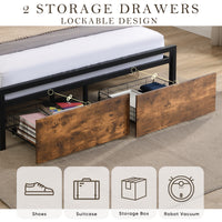 Full-size bed frame with LED headboard, drawers, and charging ports