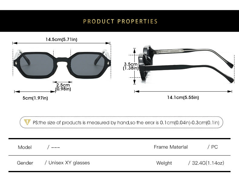 Product properties chart for unisex rectangular sunglasses, showing front and side measurements in centimeters and inches, with a note that the size is measured by hand.