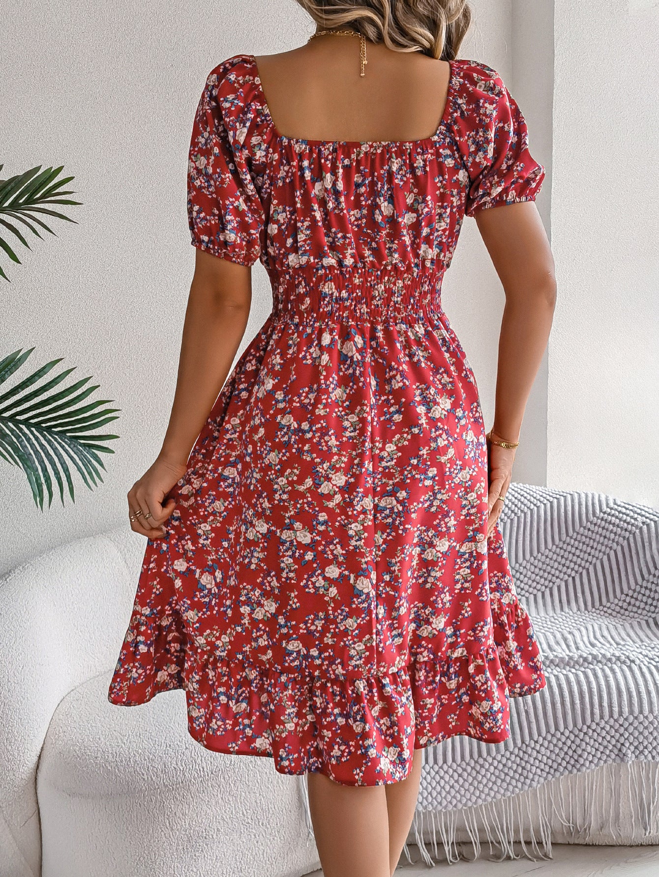 Women's floral print square collar dress with ruffle details, perfect for summer fashion and casual outings.

