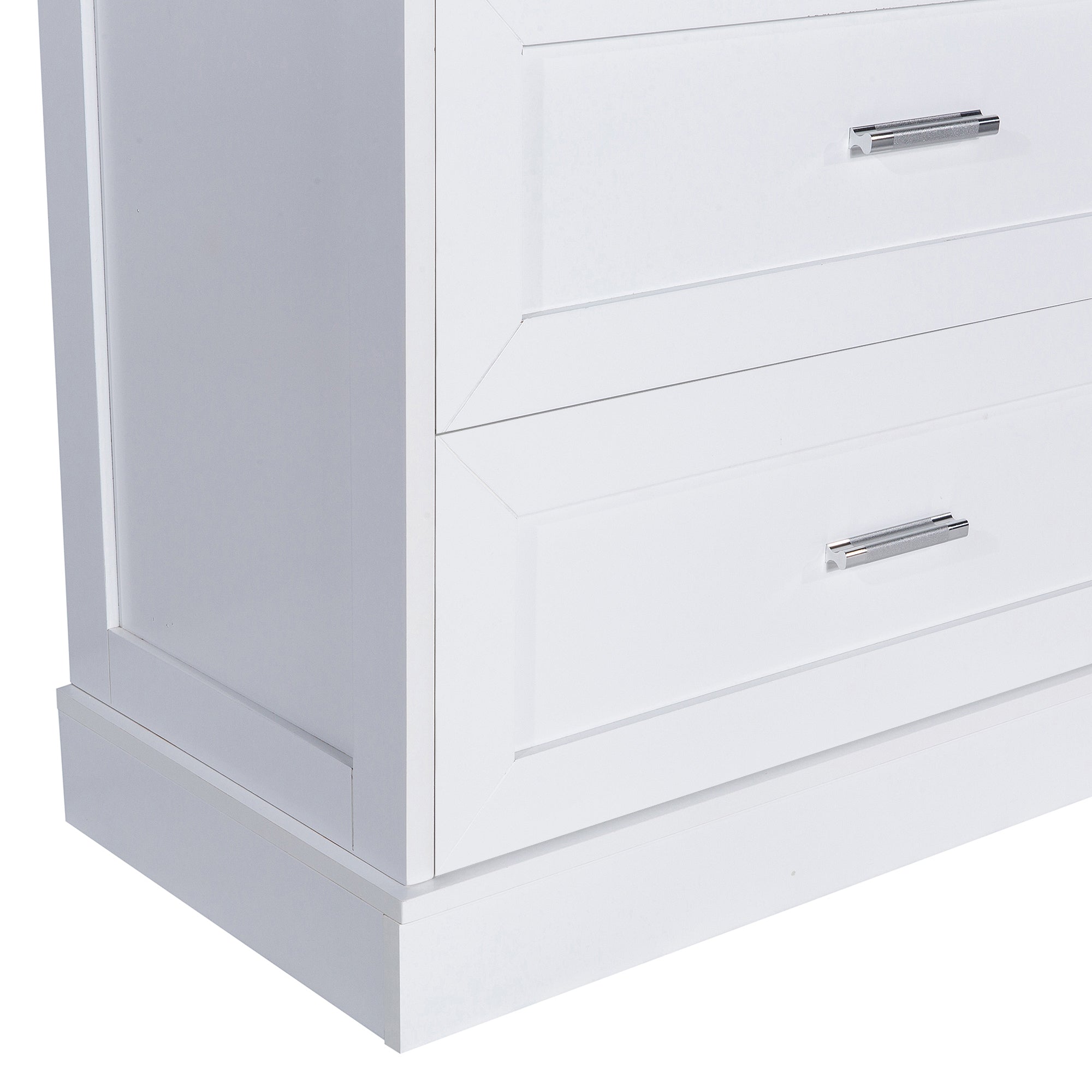 Tall white bathroom cabinet with drawers and double doors