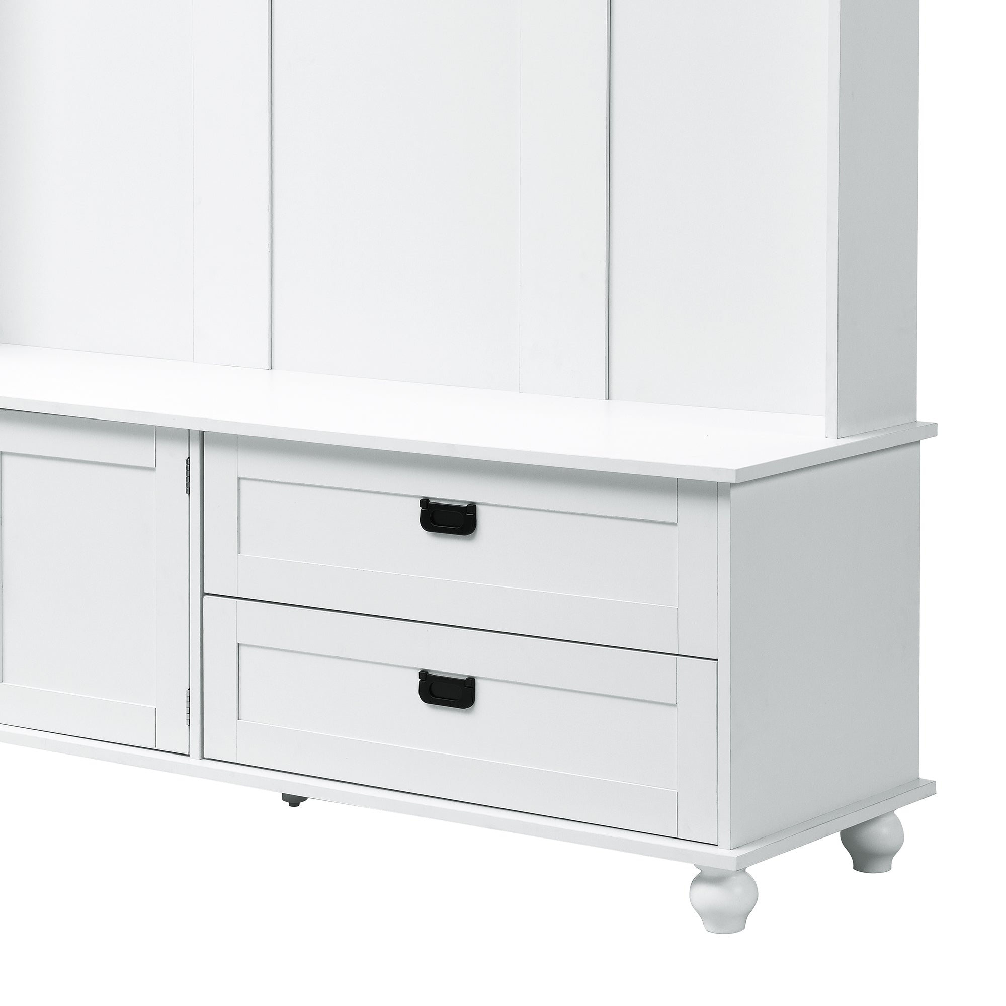 ON-TREND white hall tree with bench, coat hooks, drawers, and cabinet