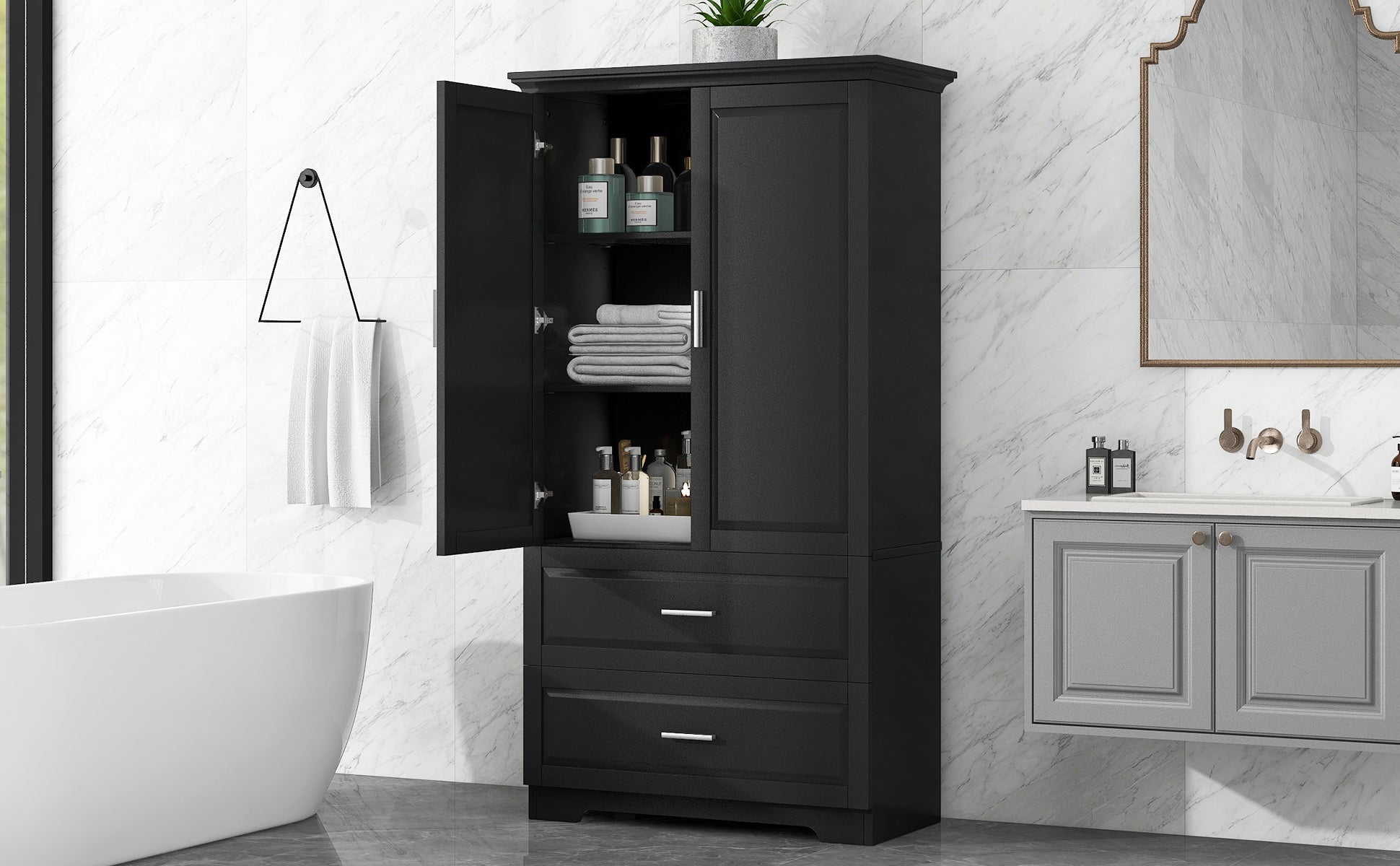 Black MDF tall bathroom storage cabinet with two doors and drawers
