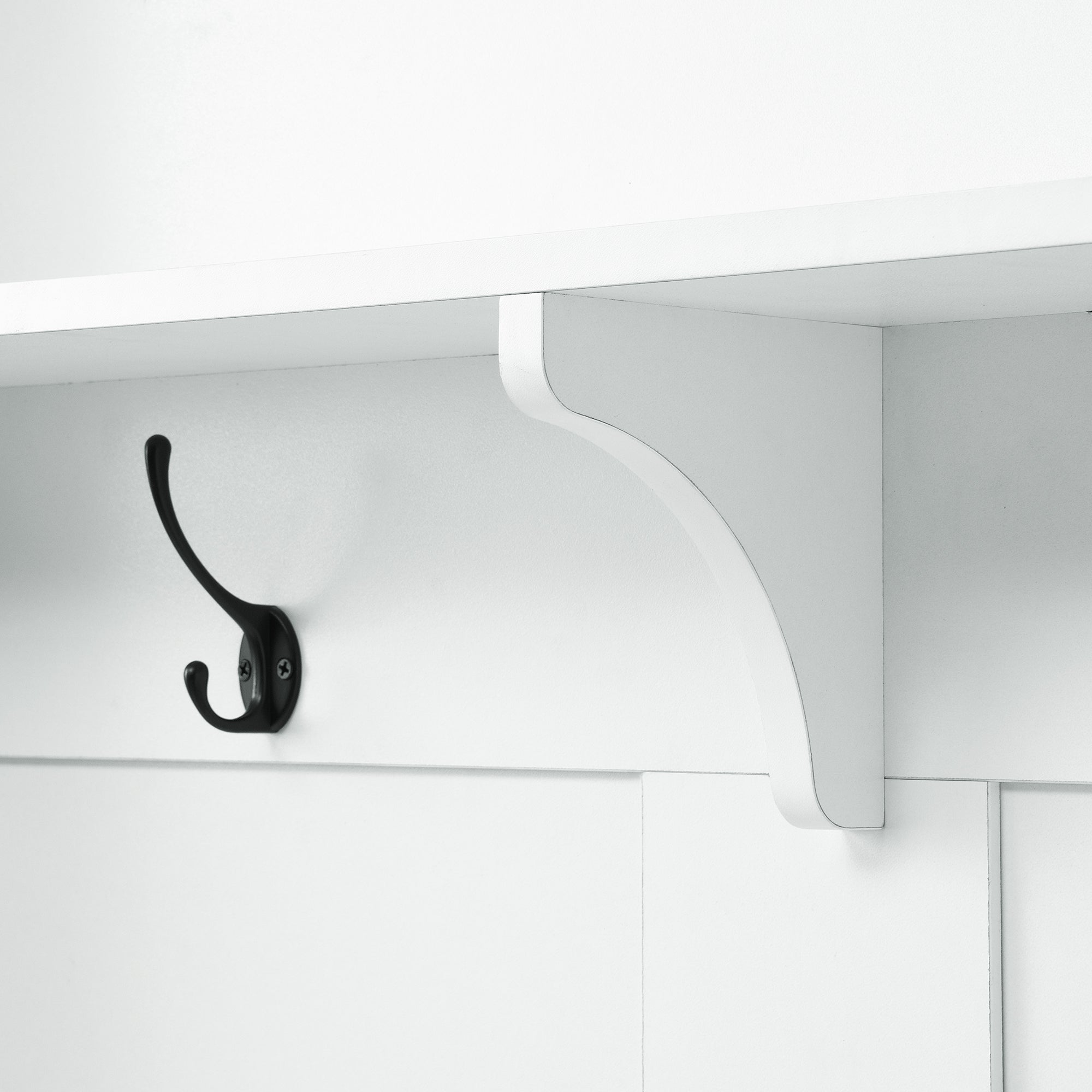 ON-TREND white hall tree with bench, coat hooks, drawers, and cabinet