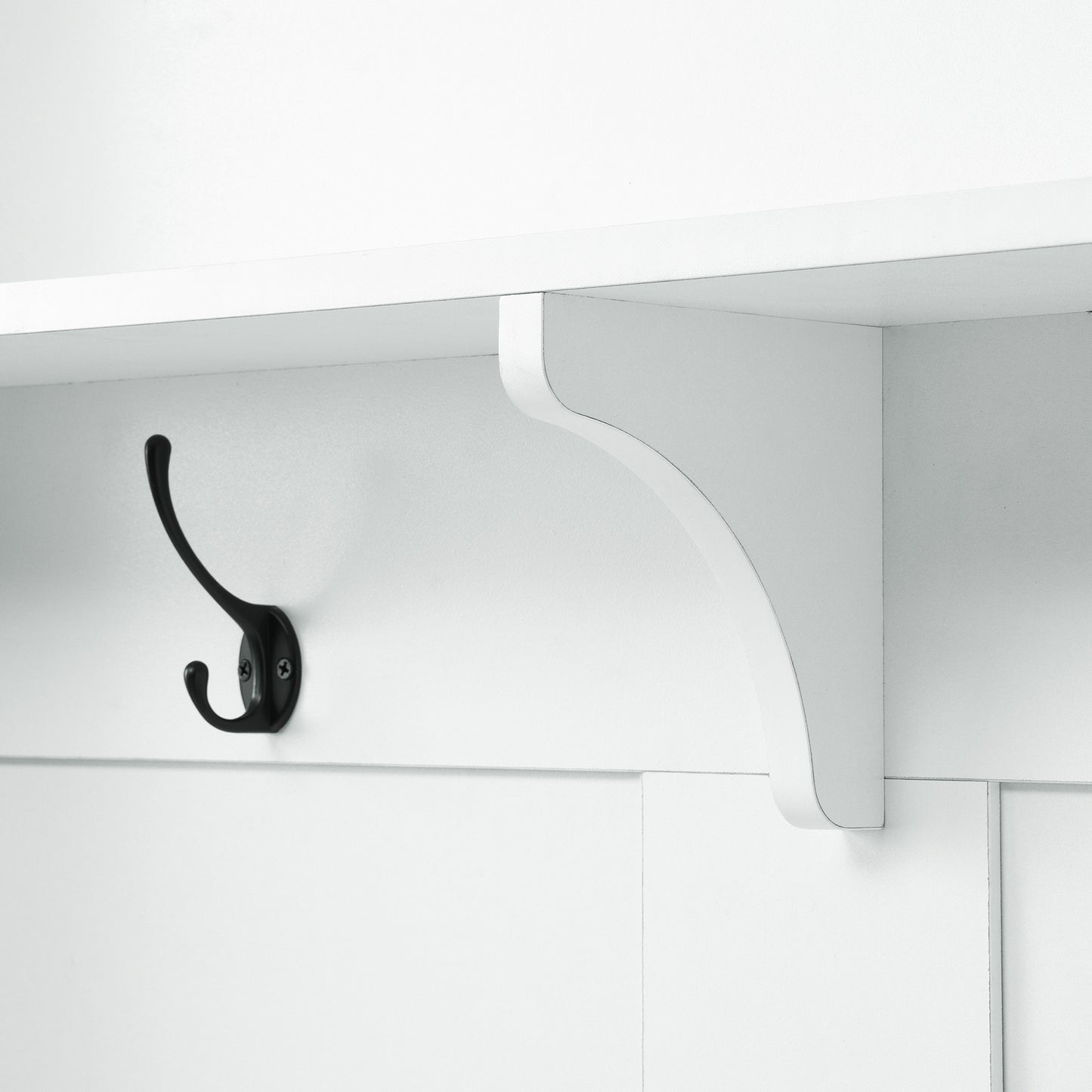 ON-TREND white hall tree with bench, coat hooks, drawers, and cabinet