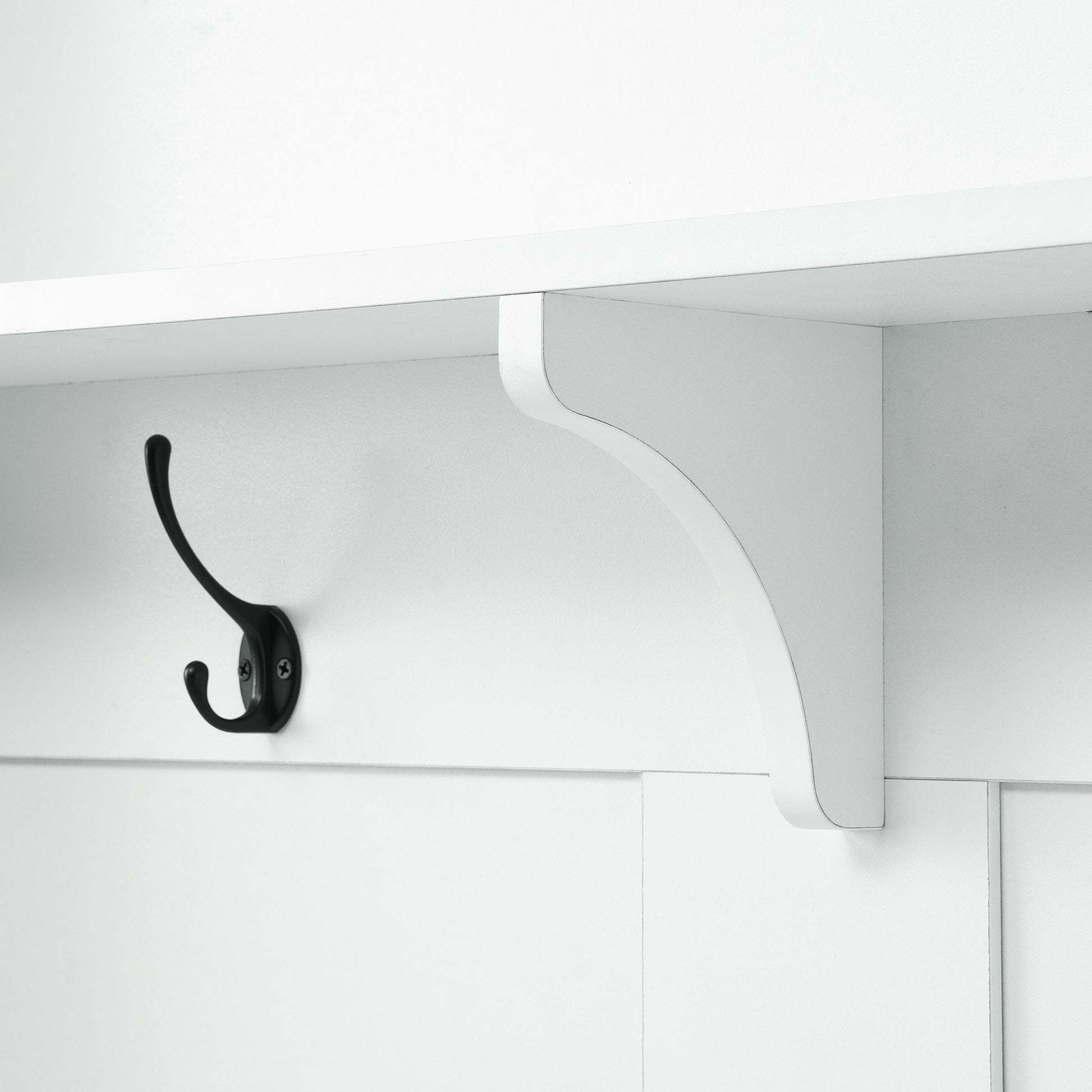 ON-TREND white hall tree with bench, coat hooks, drawers, and cabinet