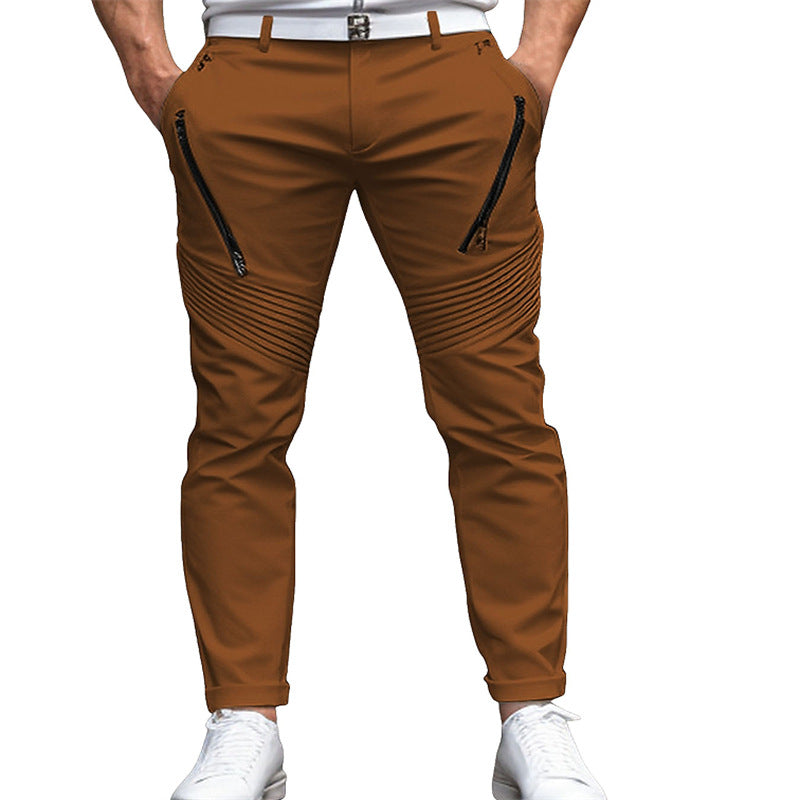 Men's slim fit stretch skinny pants with zipper pleats for a trendy, fashionable street style.