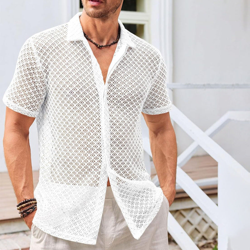 Summer Mesh Short Sleeve Shirt – Stylish solid color lapel shirt made from breathable mesh fabric, ideal for beachwear and casual occasions.








