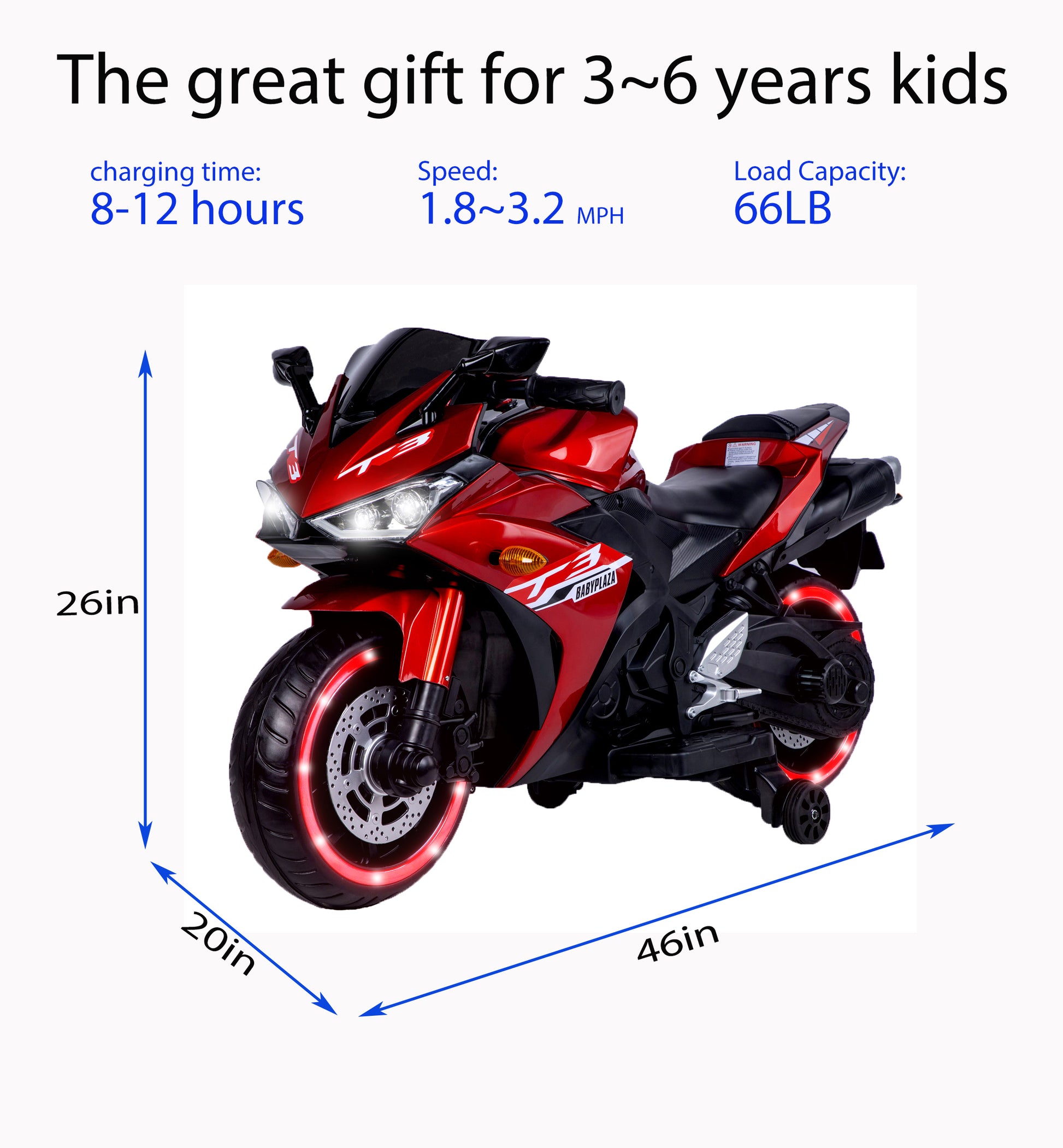 TAMCO 12V kids motorcycle ride-on toy with training wheels, designed for a fun and safe riding experience. Features realistic details, adjustable speed, and easy-to-use controls, making it perfect for young riders to enjoy outdoor adventures while learning balance and coordination.







