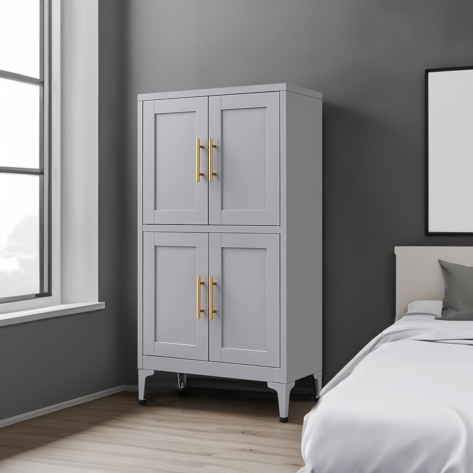 Grey metal kitchen storage cabinet with door and adjustable shelf in a modern kitchen