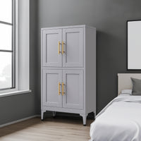 Grey metal kitchen storage cabinet with door and adjustable shelf in a modern kitchen