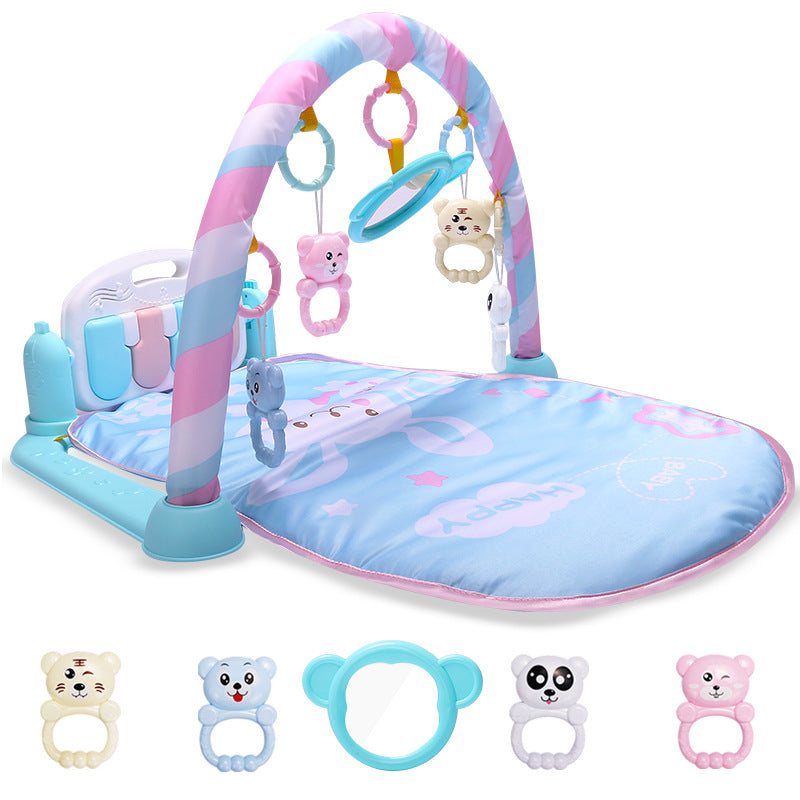 Baby playmat with keyboard, mirror, and hanging toys for newborn sensory development.

