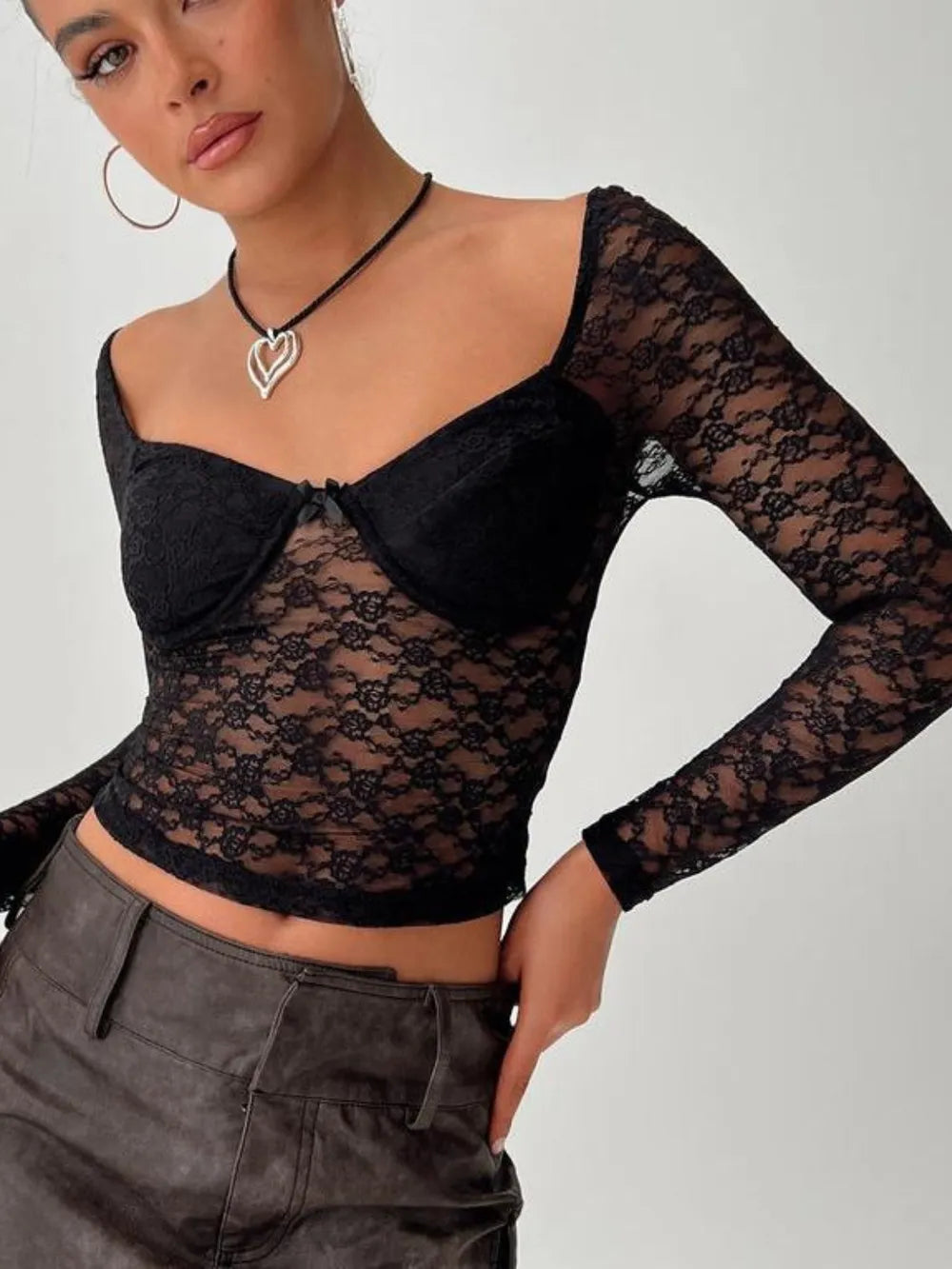 Front view of women’s lace sweetheart neck long sleeve t-shirt with fitted silhouette