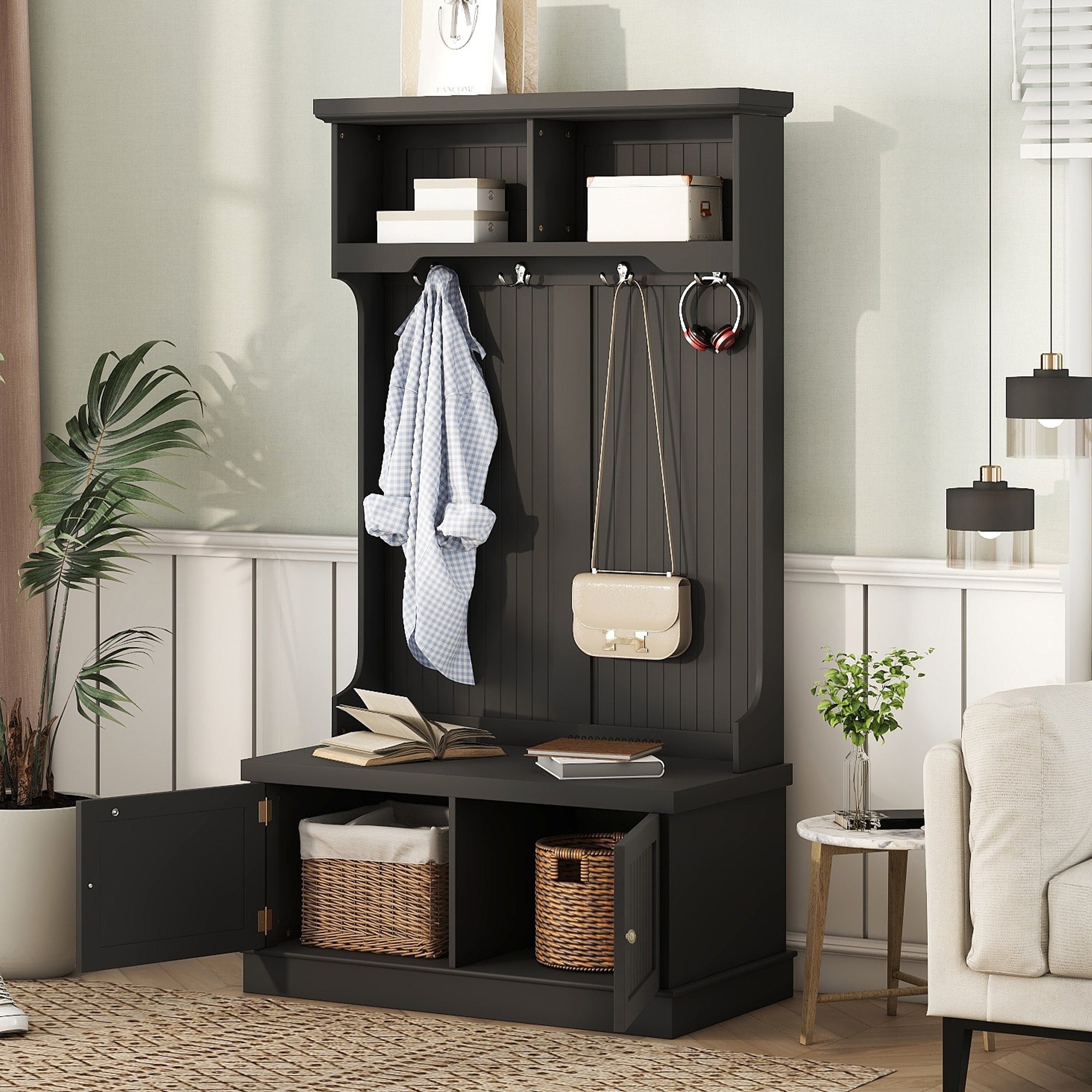 Black 4-in-1 hall tree with storage bench and coat hooks, front view

