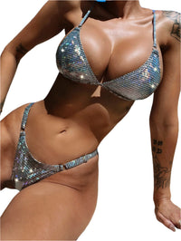 "Ocean Glow bikini featuring a stylish two-piece design with a shimmering ocean-inspired pattern and adjustable straps for a secure, comfortable fit. Made from soft, stretchy fabric, perfect for beach outings, poolside relaxation, and summer fun