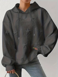 White women’s casual pullover hoodie with star texture and drawstring hood.








