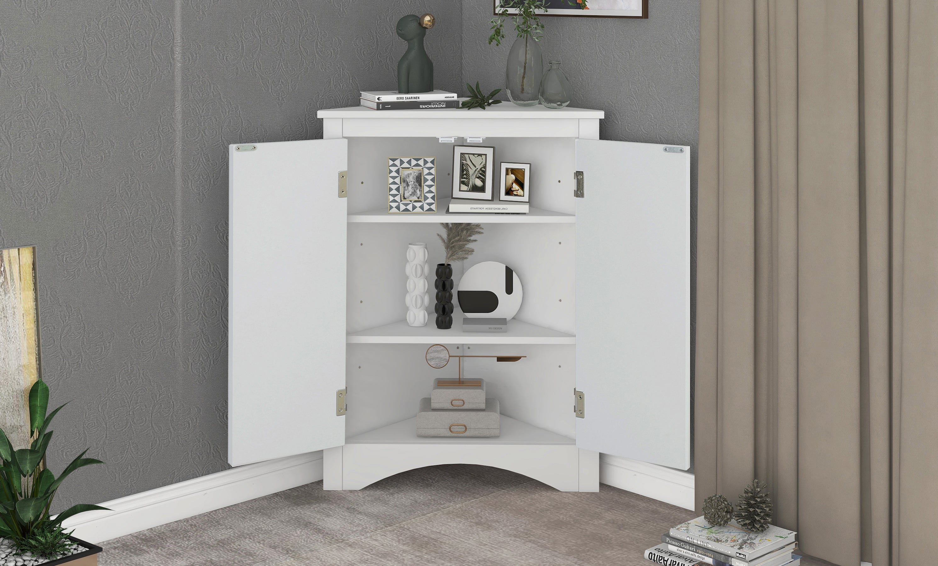 White triangle bathroom storage cabinet with a compact, space-saving design, featuring multiple shelves for organizing toiletries, towels, and other bathroom essentials. Made from durable materials, this sleek cabinet adds a functional and stylish touch to any bathroom decor.