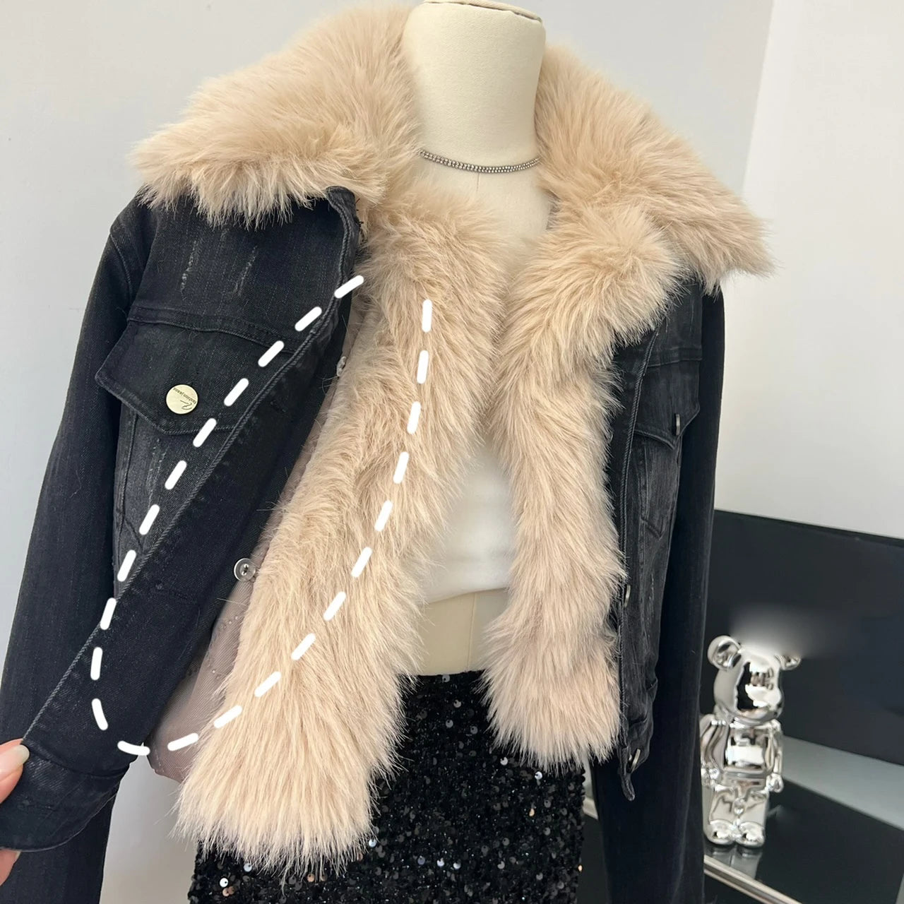 Model wearing the Temperament O-neck lambswool fur coat with contrast color design