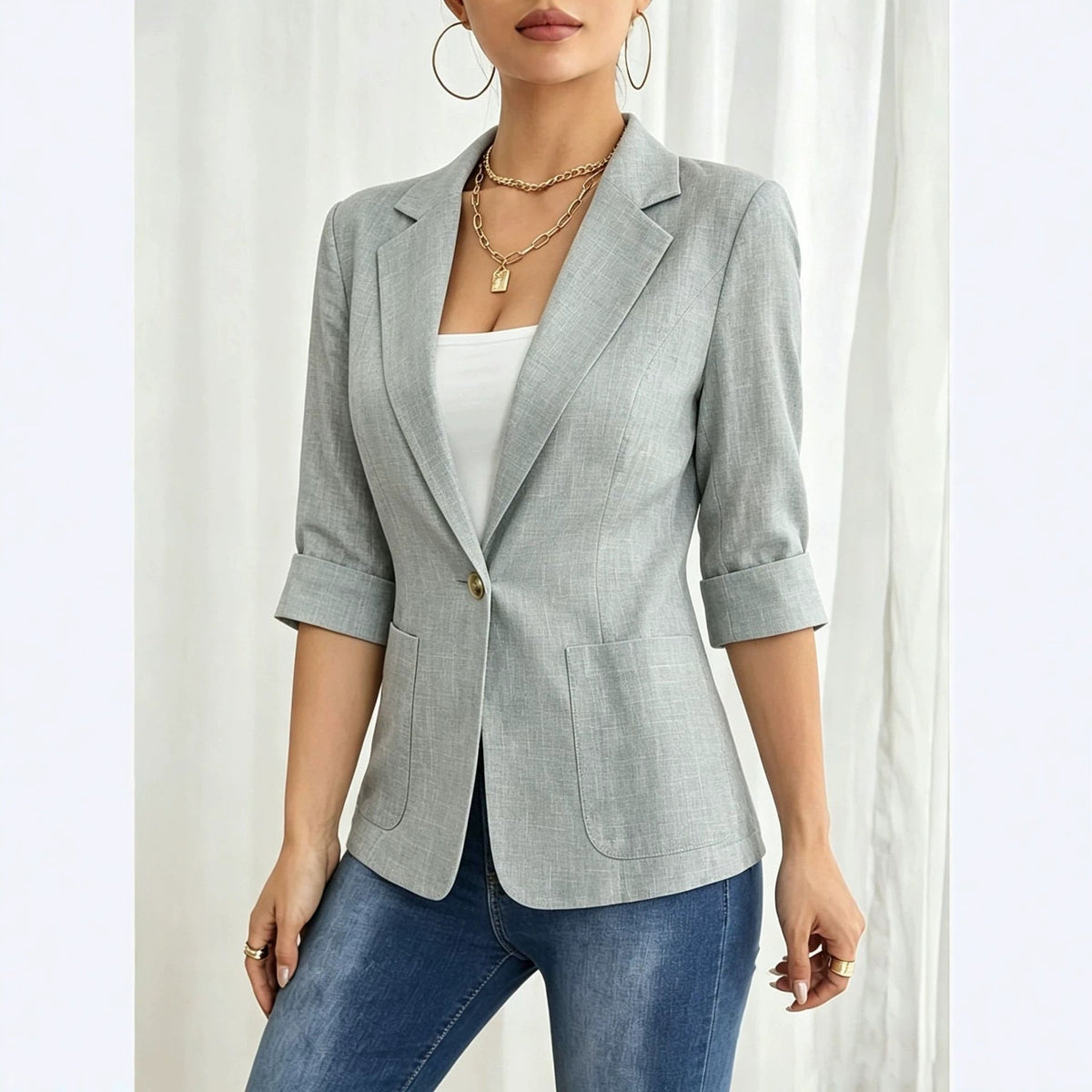 Solid color pocket small suit jacket women's button up top Hot Deal Warehouse