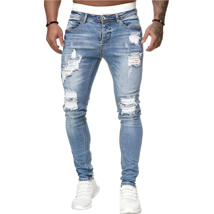 Adisputent men’s slim ripped skinny jeans in biker streetwear style with distressed holes.

