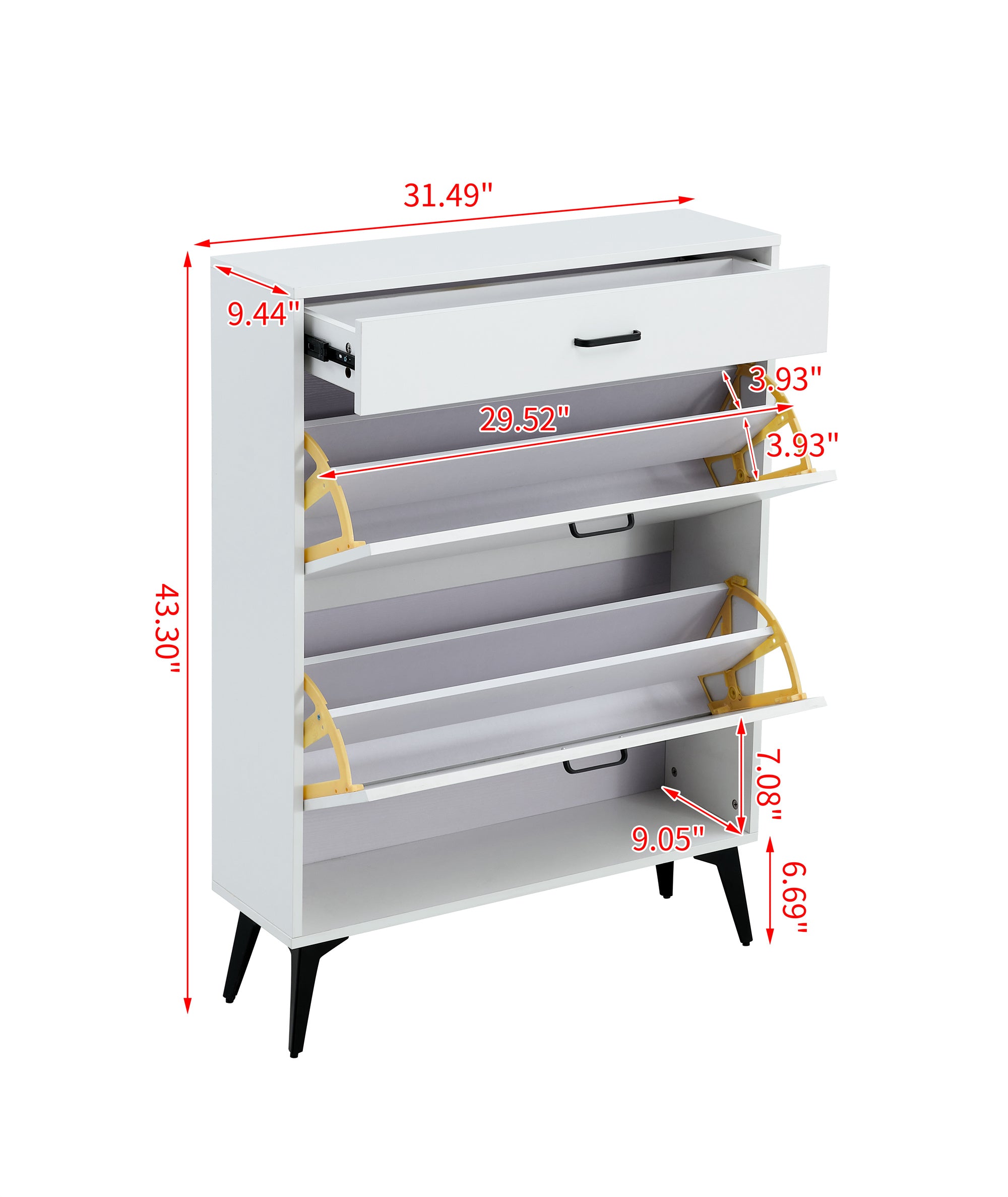 White shoe cabinet with open shelves and metal legs