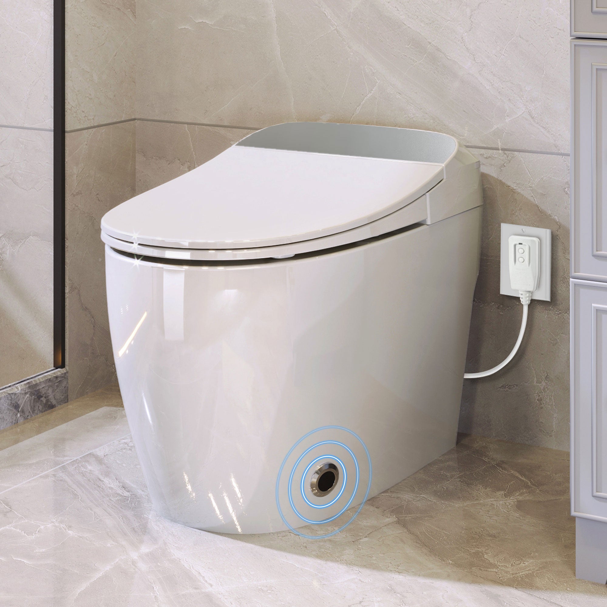 Modern intelligent toilet with heated seat and foot sensor in white