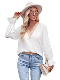 Ruffled V-Neck Blouse with Flounce Sleeves – Women's Elegant Top

