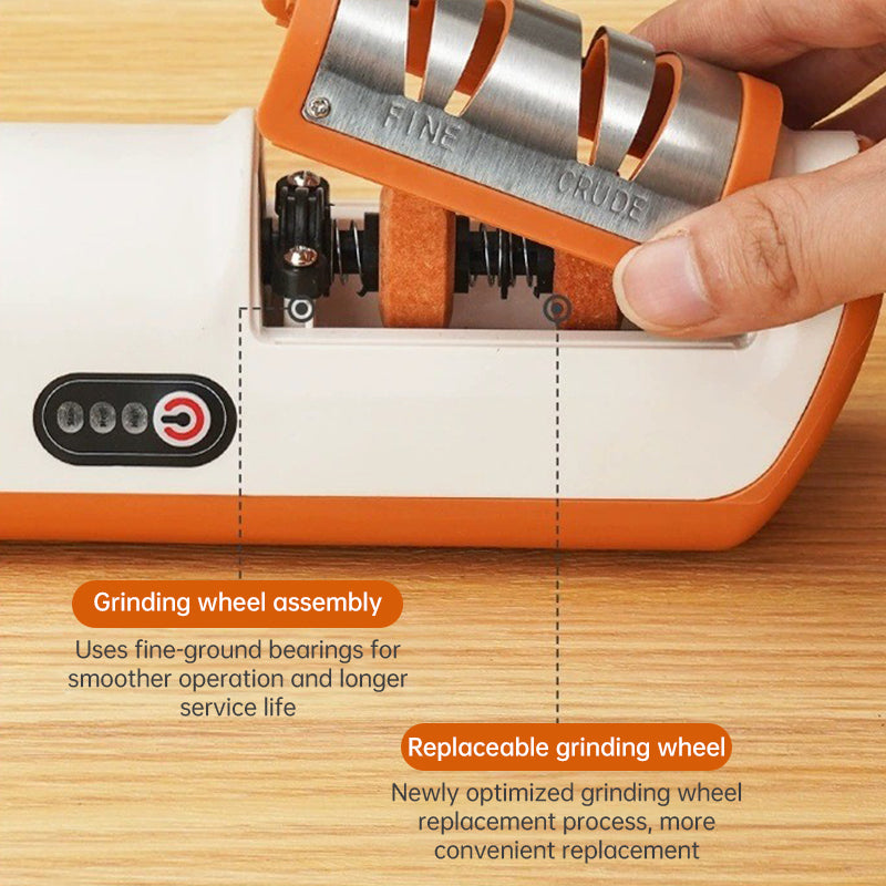Compact multifunctional electric knife sharpener for kitchen use – automatic professional tool.

