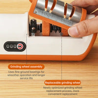 Compact multifunctional electric knife sharpener for kitchen use – automatic professional tool.

